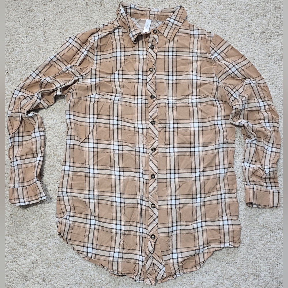 Exact Tan Plaid Long Sleeve Button Down Womens 12